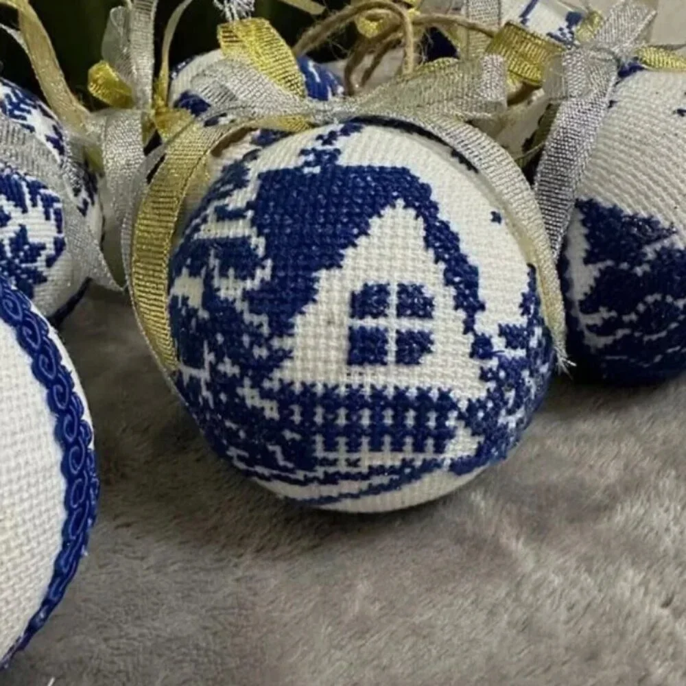 Set of 6 Handcrafted Embroidered Christmas Ornaments–Blue and White Nordic Style - Picture 4 of 13